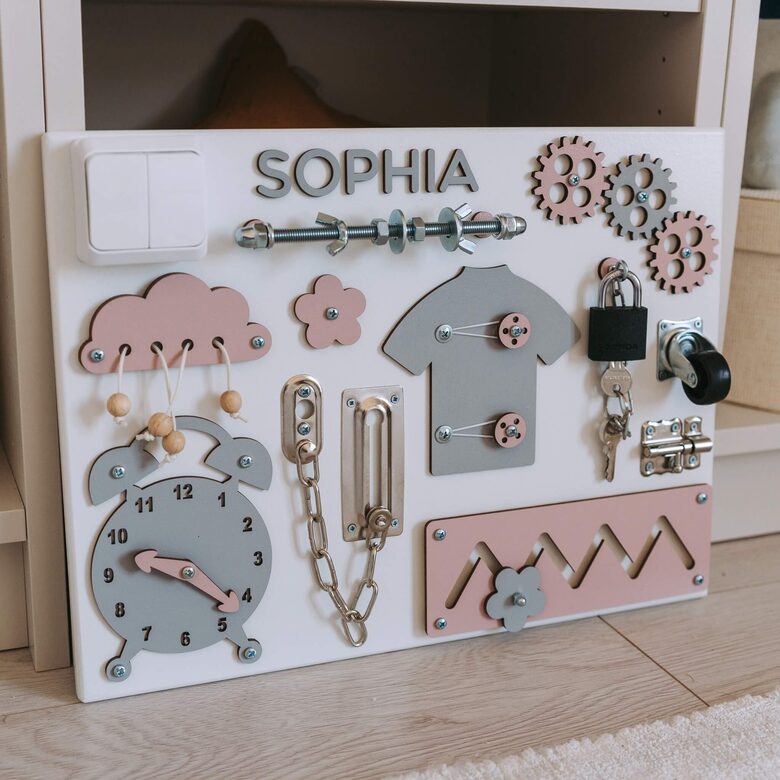 Attīstošais Busy Board bērniem-mazs 30x40 cm